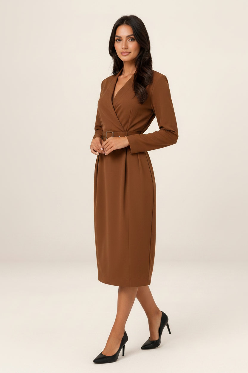 Long Sleeve Midi Dress with Wrap V-Neck Design | Flattering Fit for Any Occasion