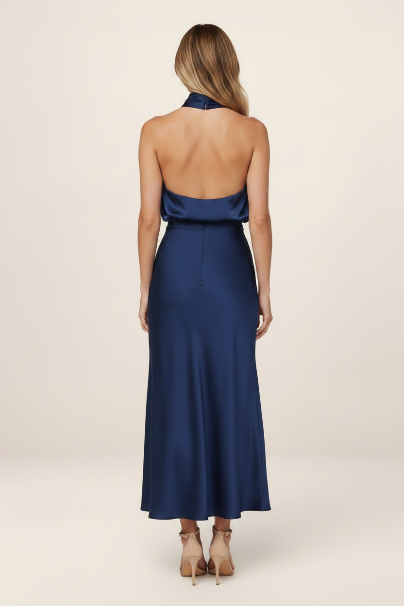 Elegant Midi Dress | Satin Feel High Neck Design with Flattering Silhouette for Timeless Sophistication