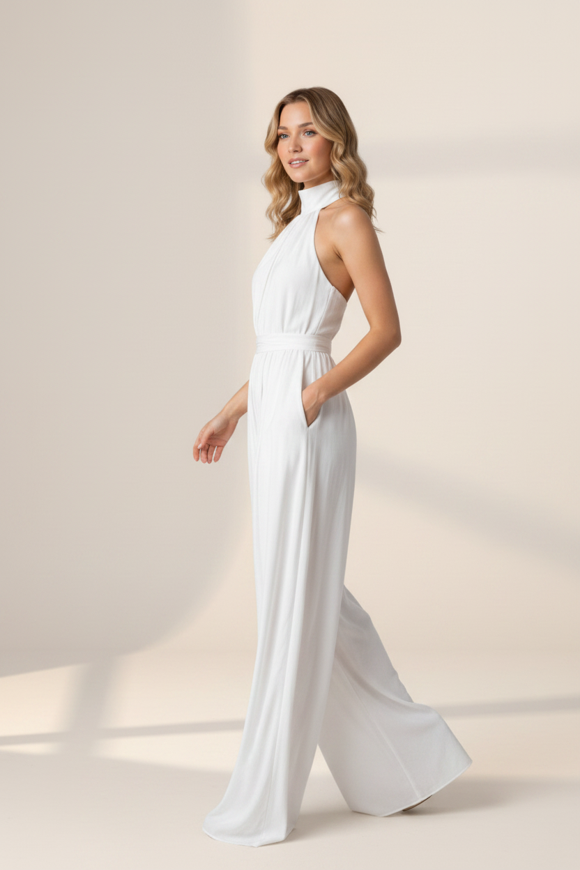 Elegant Flowing Black Jumpsuit for Women with Halter Neck Design | Flattering Wide-Leg Silhouette for Effortless Sophistication