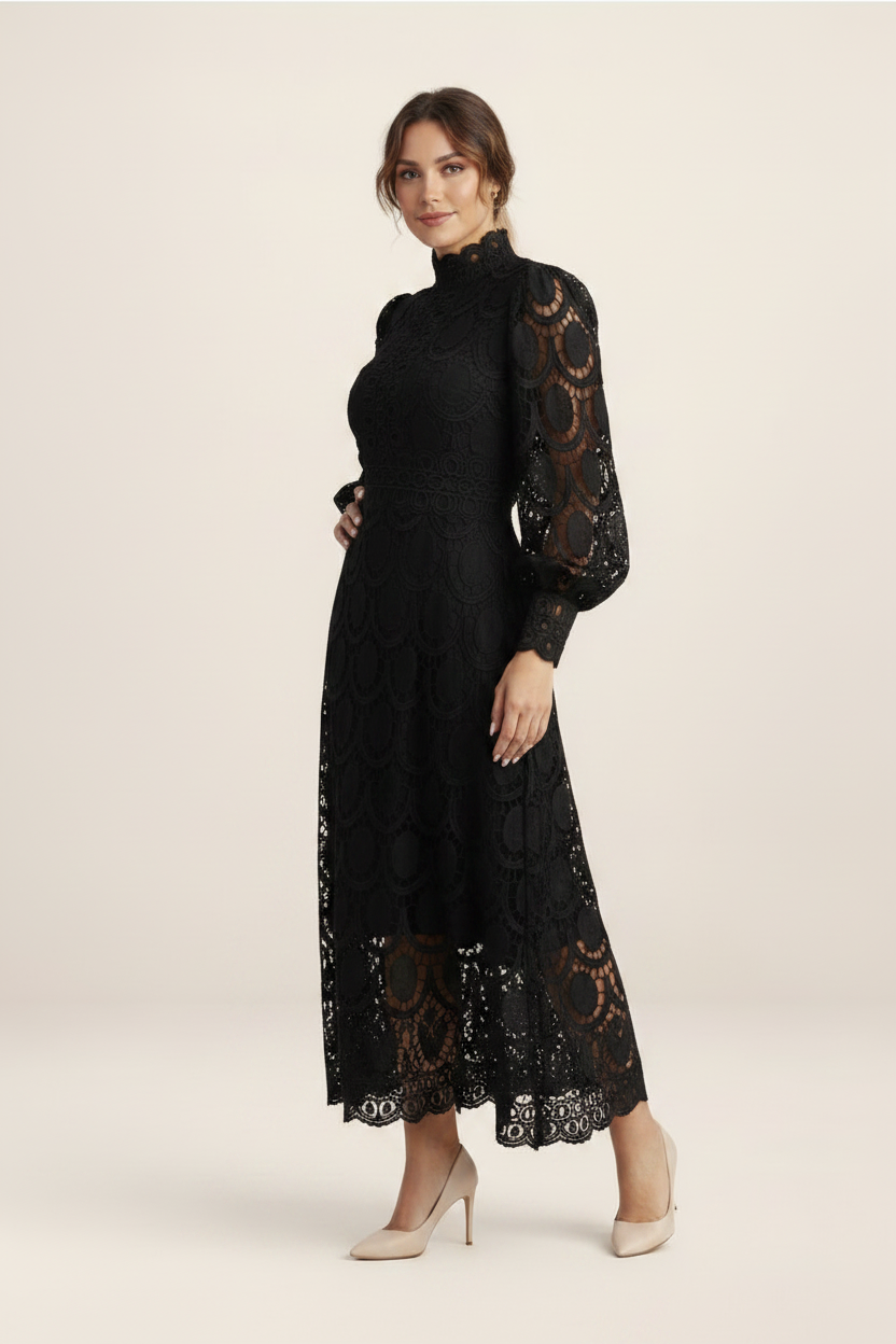 Elegant Lace Midi Dress with Flattering Fit & Intricate Detailing for Special Occasions