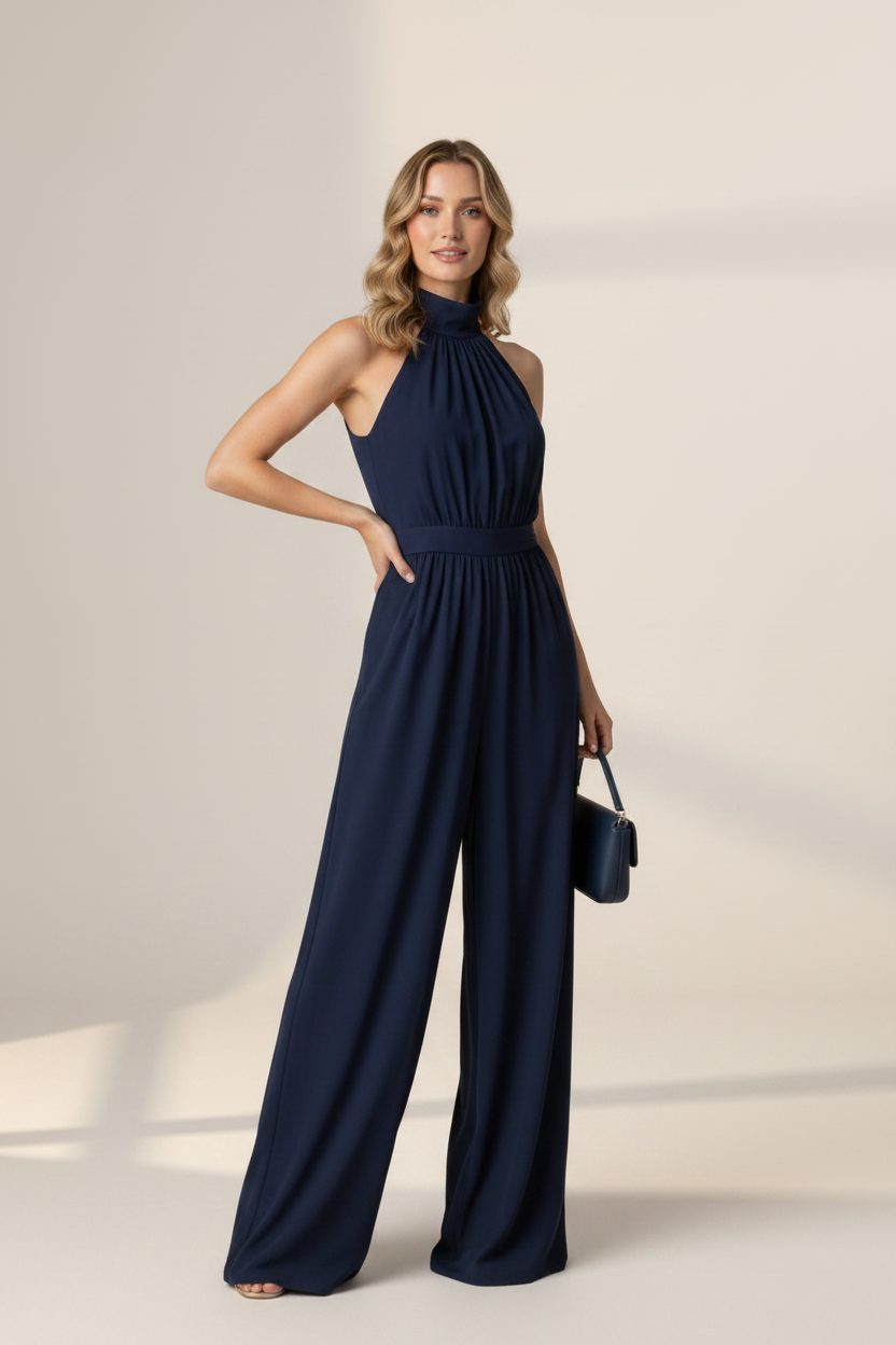 Elegant Flowing Black Jumpsuit for Women with Halter Neck Design | Flattering Wide-Leg Silhouette for Effortless Sophistication