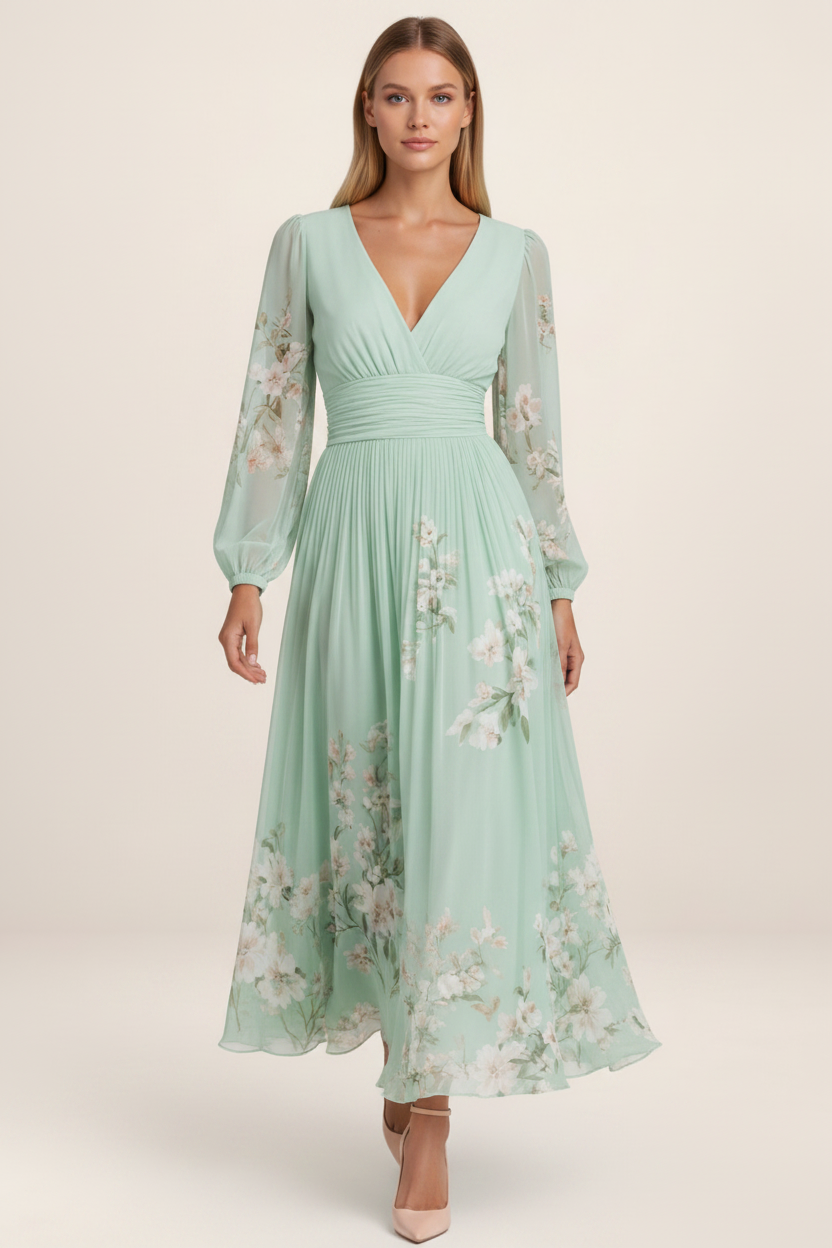 Elegant Floral Chiffon Midi Dress with V-Neckline | Flattering A-Line Fit for Effortless Style