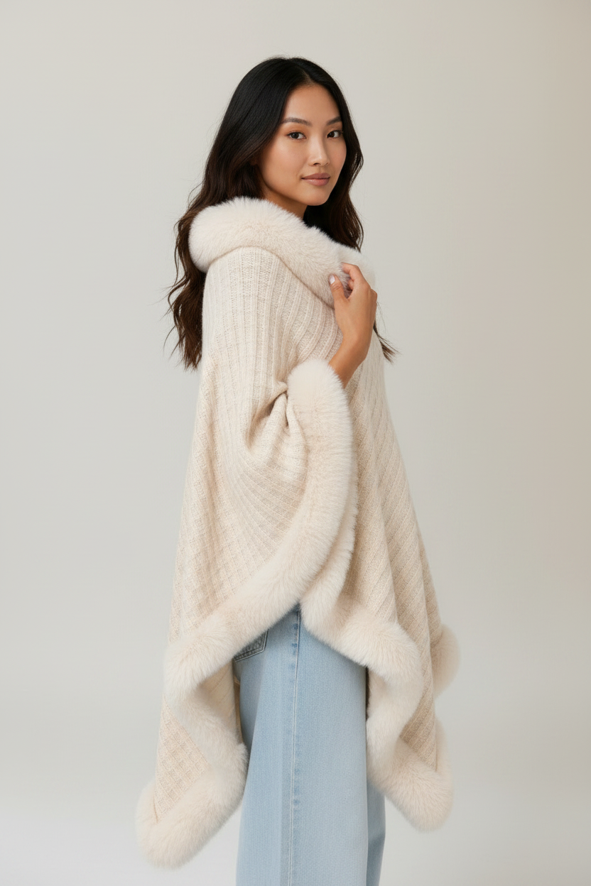 Elegant Knitwear | Women's Knitted Cape Coat with Faux Fur Trim | Stylish Layering for Autumn and Winter