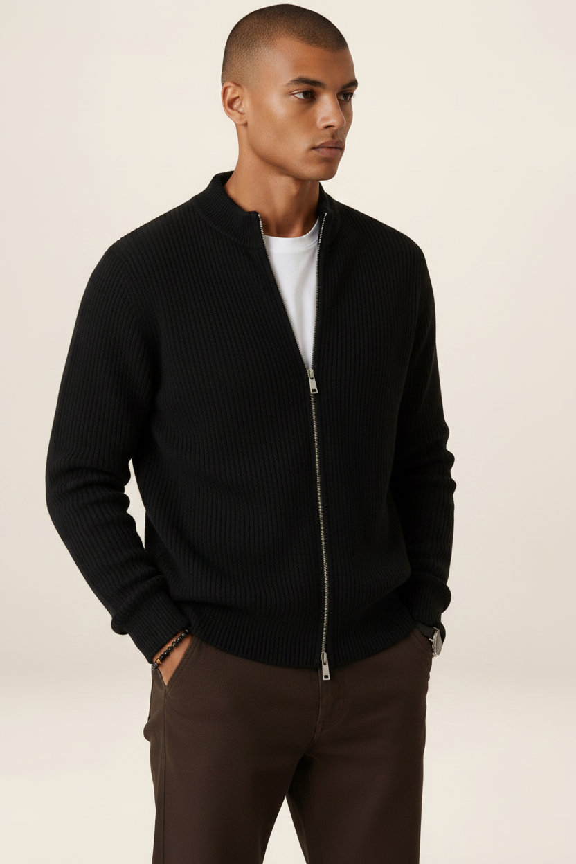 Men's Full Zip Knit Cardigan Sweater Ribbed Zip-Up Jacket