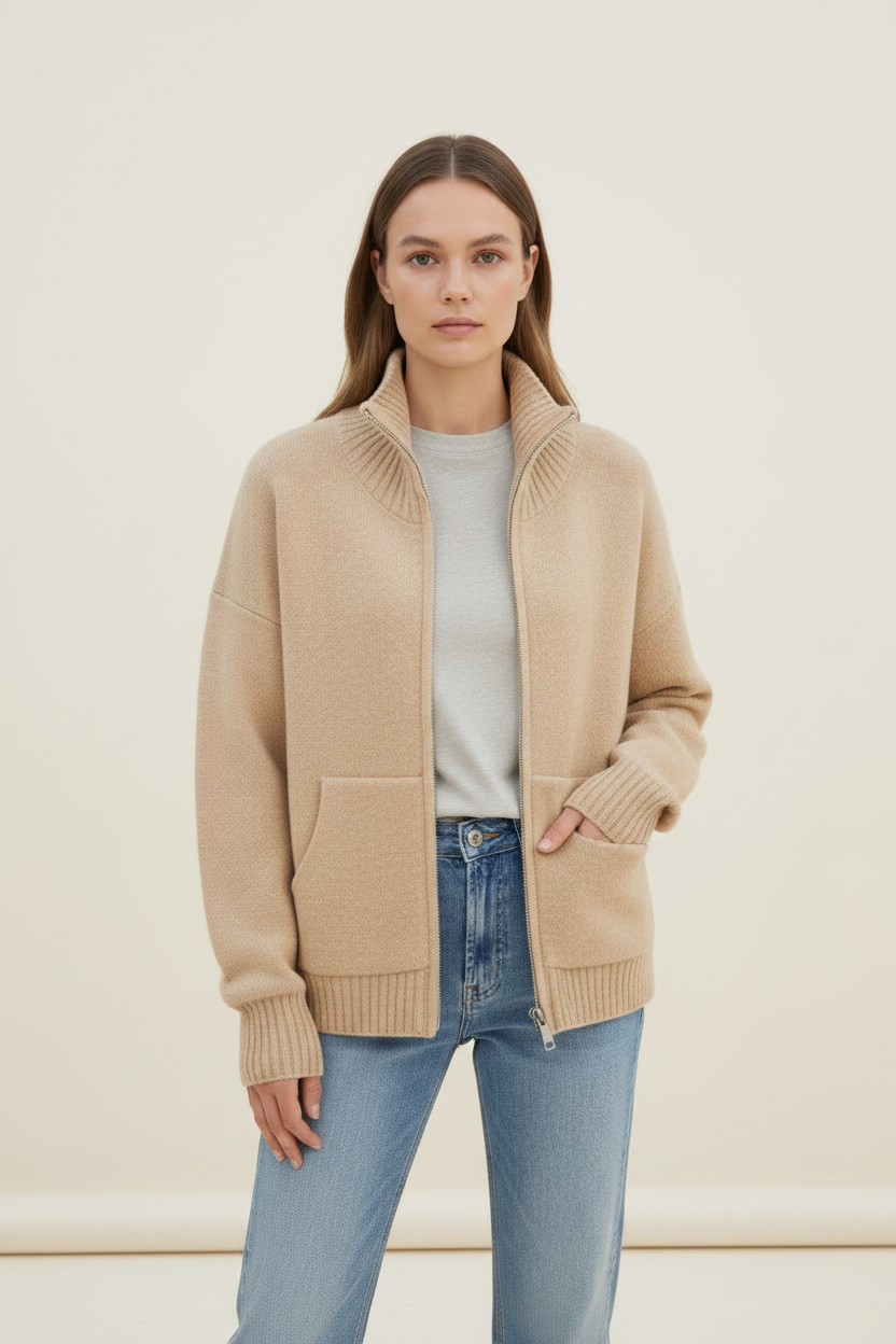 Elegant Knitwear Women | Cream Knitted Cardigan with Cozy Funnel Neck Design | Versatile Layering for Warmth and Style