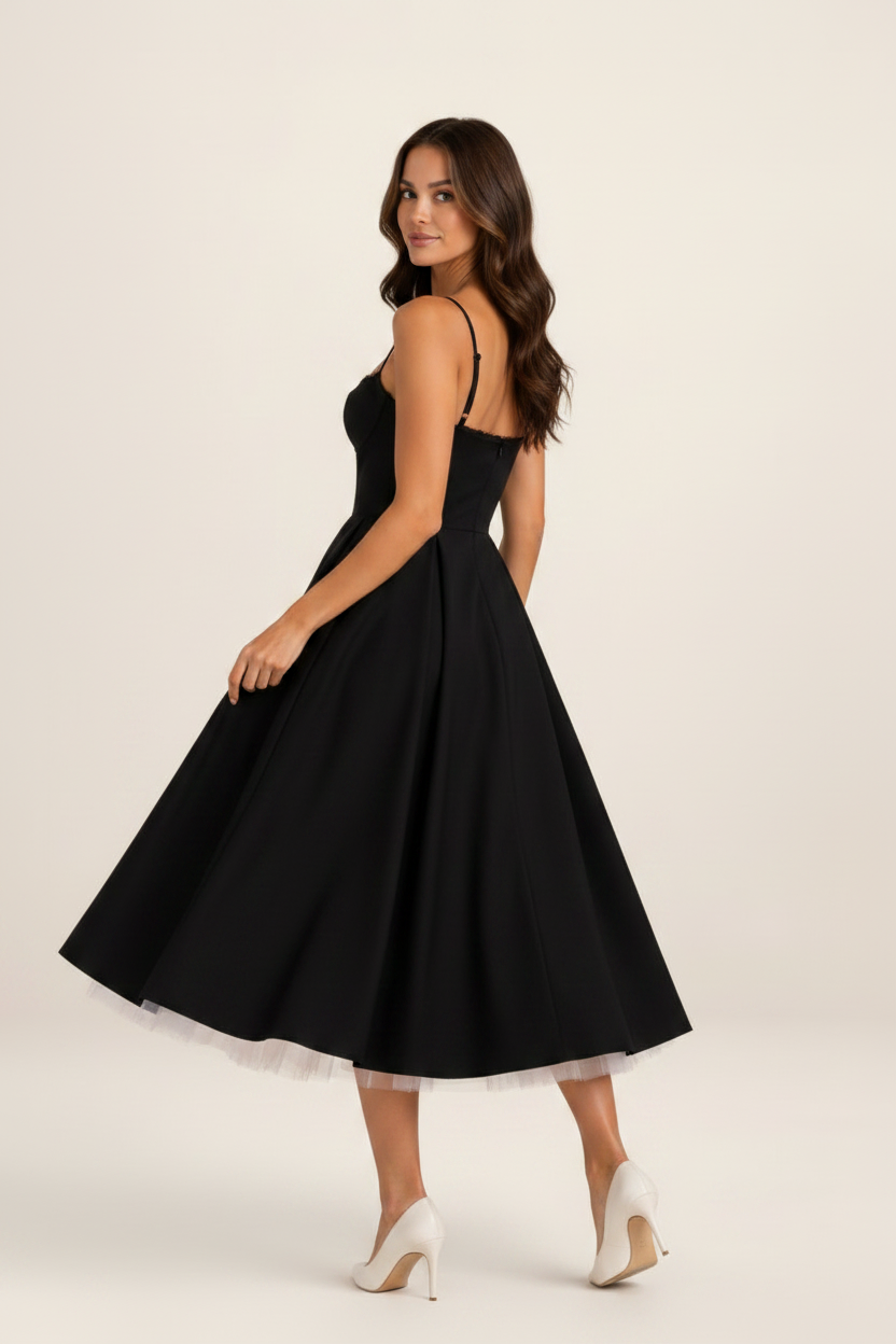 Elegant Midi Dress with Corset Bodice & Flowing Skirt for Special Occasions