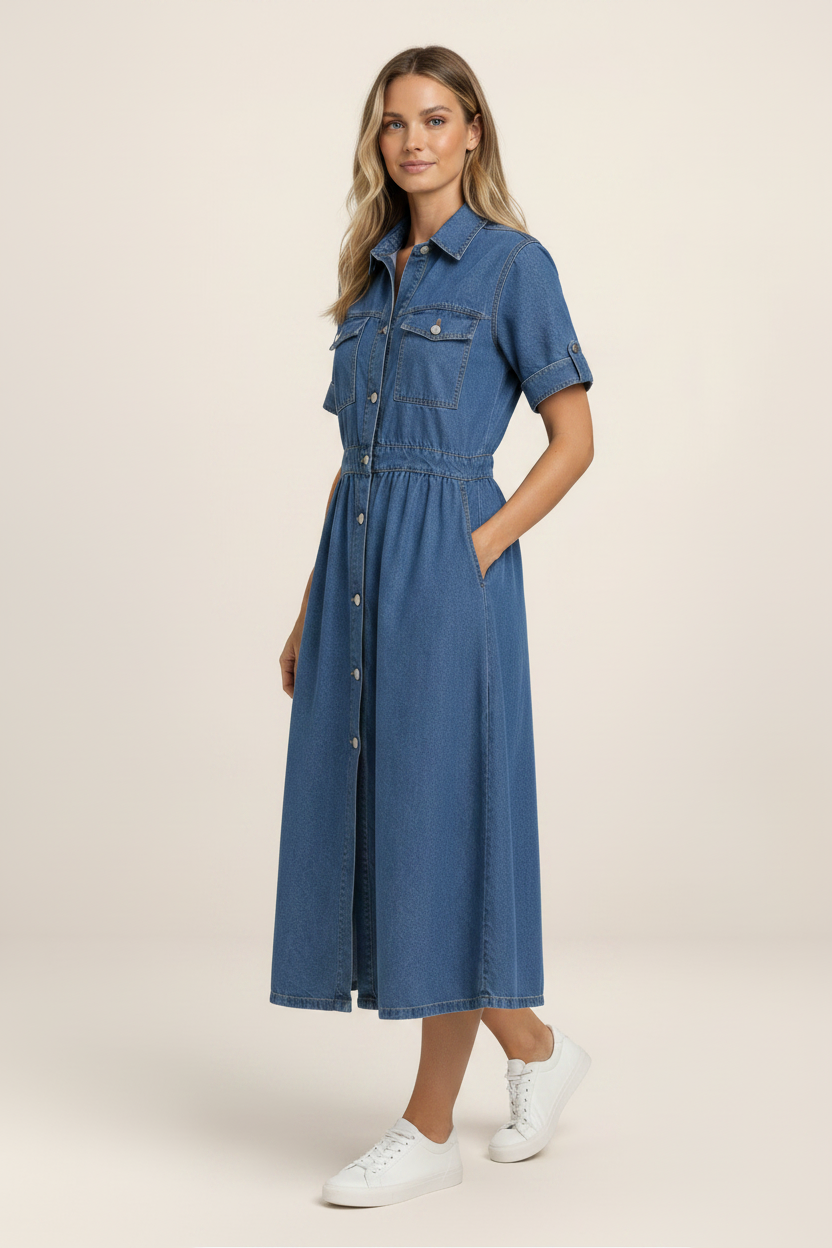 Classic Denim Midi Dress with Button Front & Flattering Waist Seam for Effortless Style