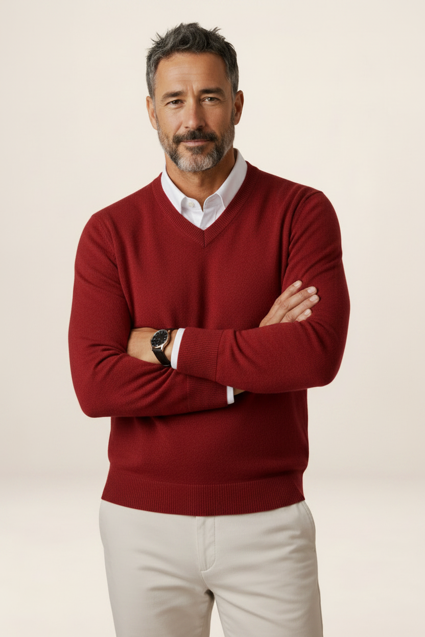 Men's V-Neck Knit Sweater - Casual Pullover