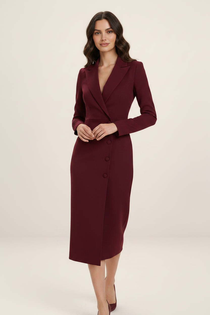 Elegant Midi Dress | Women's Tailored Blazer Style with Button-Front Detail | Sophisticated Look for Special Occasions