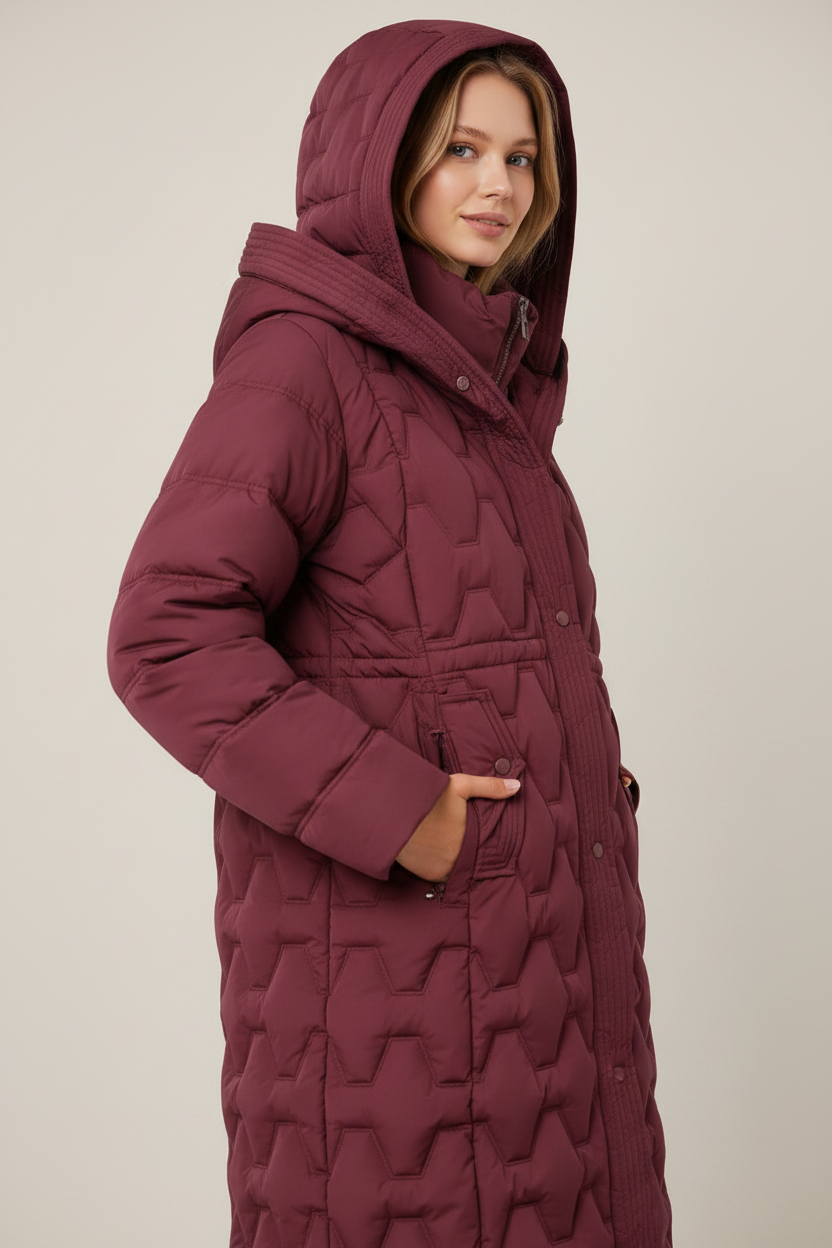 Elegant Winter Wear | Women's Long Puffer Coat with Geometric Quilting | Cozy Insulated Jacket for Cold Days