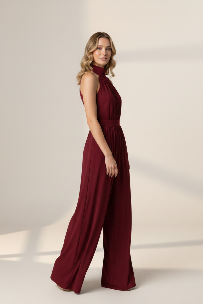 Elegant Flowing Black Jumpsuit for Women with Halter Neck Design | Flattering Wide-Leg Silhouette for Effortless Sophistication