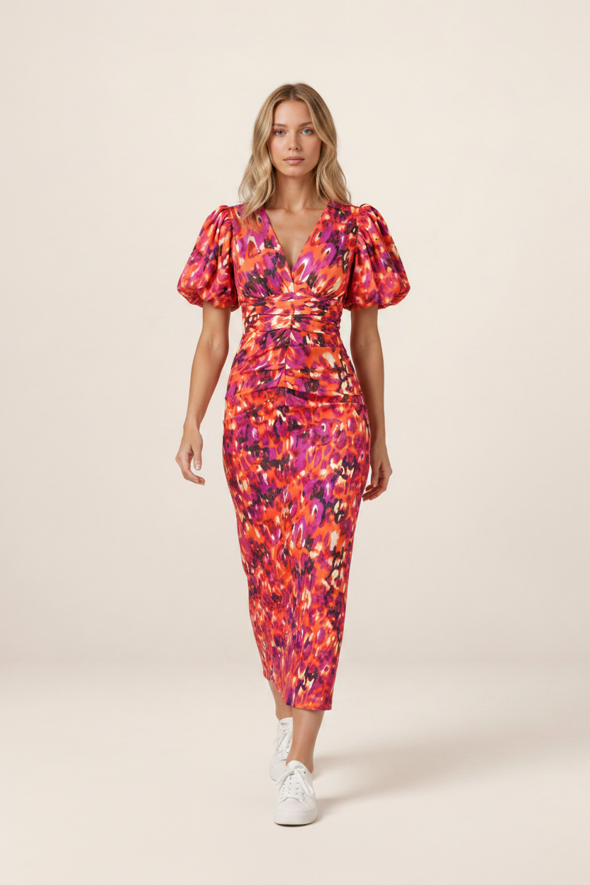 Elegant Midi Dress | Women's V-Neck Puff Sleeve Design with Vibrant Print | Flattering Fit for Summer Occasions