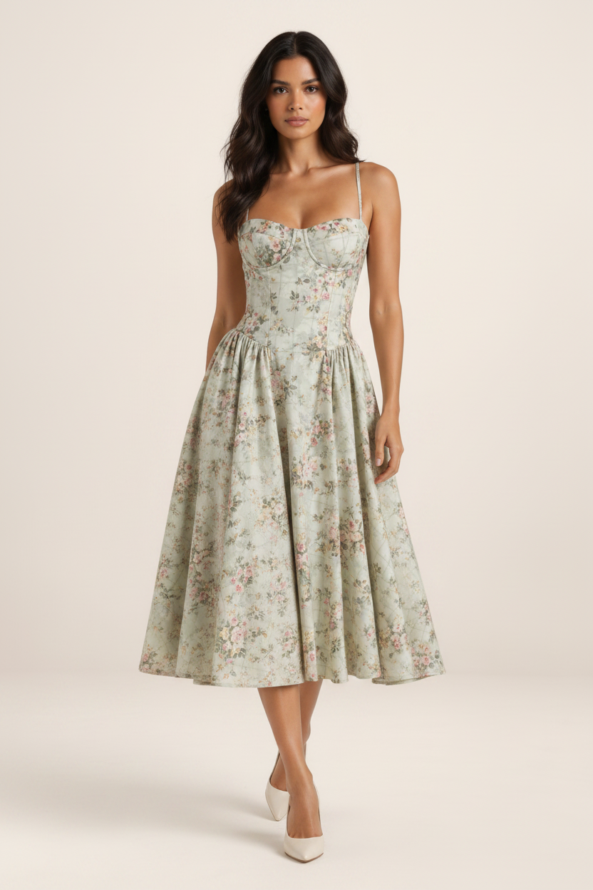 Elegant Floral Midi Dress with Sweetheart Neckline & Corset Fit for Timeless Style
