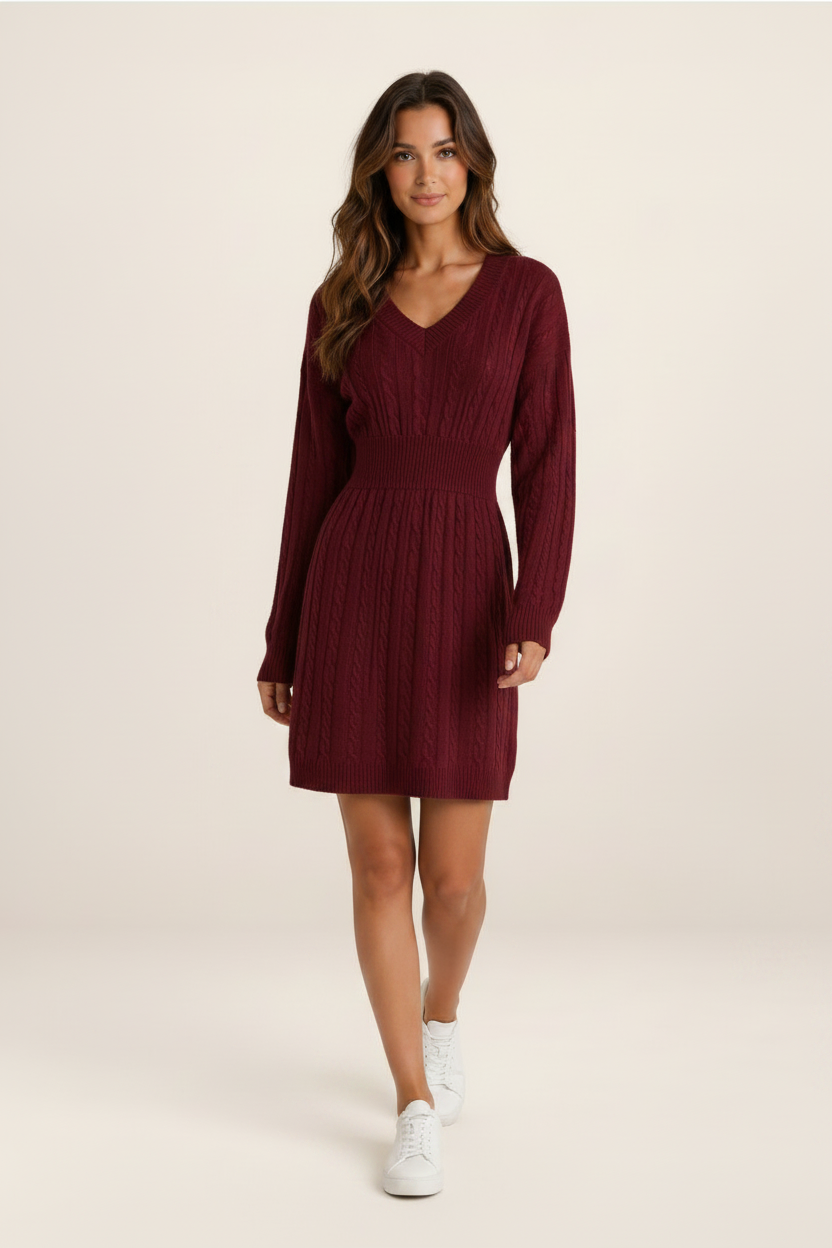 Elegant Cable Knit Midi Dress with V-Neck & Shirred Waist for Effortless Style