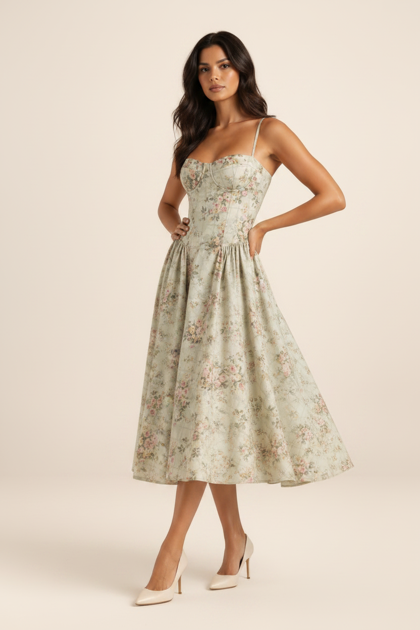 Elegant Floral Midi Dress with Sweetheart Neckline & Corset Fit for Timeless Style