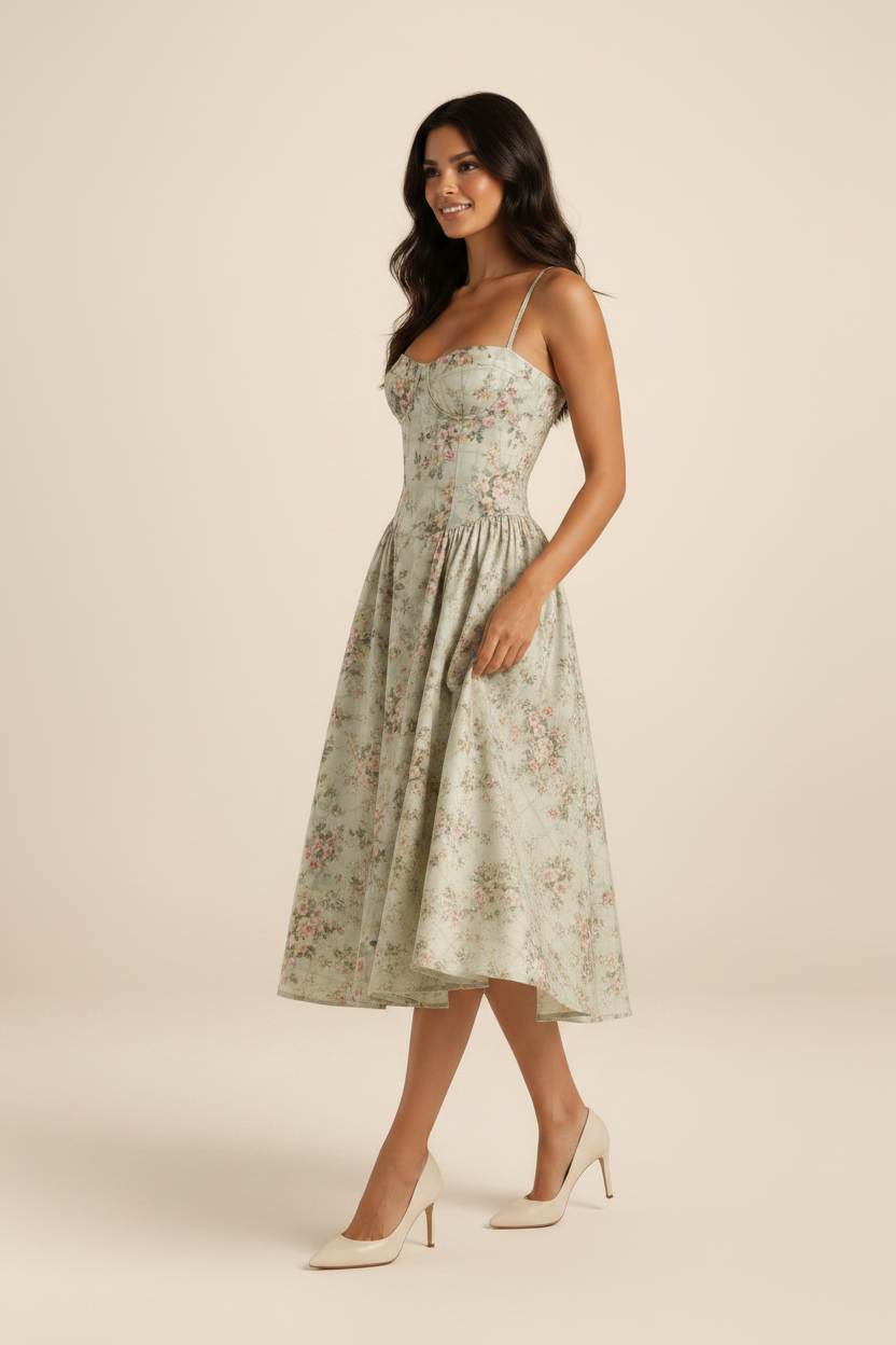 Elegant Floral Midi Dress with Sweetheart Neckline & Corset Fit for Timeless Style