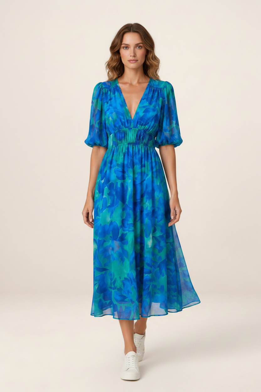 Floral V-Neck Midi Dress with Flattering Silhouette | Elegant Summer Style for Any Occasion