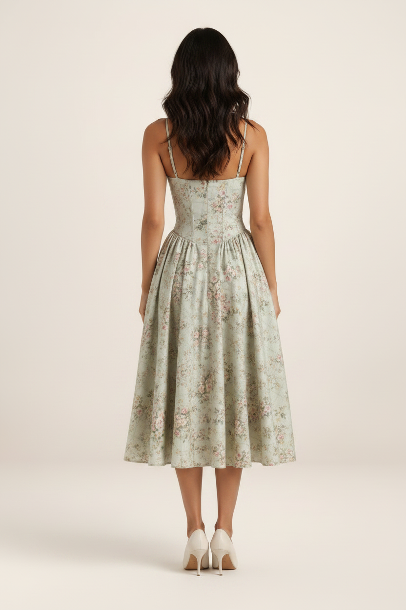 Elegant Floral Midi Dress with Sweetheart Neckline & Corset Fit for Timeless Style