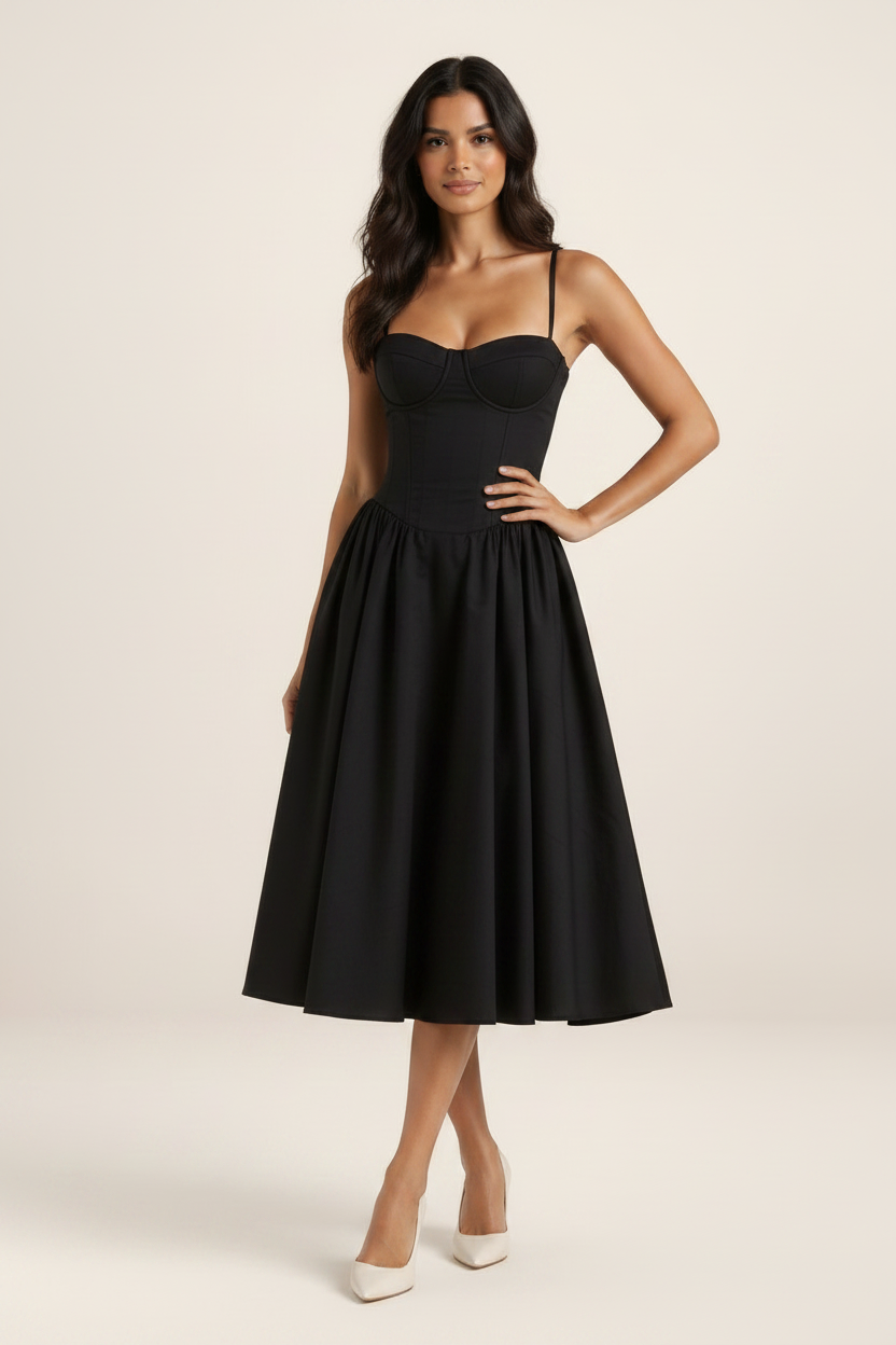Elegant Floral Midi Dress with Sweetheart Neckline & Corset Fit for Timeless Style