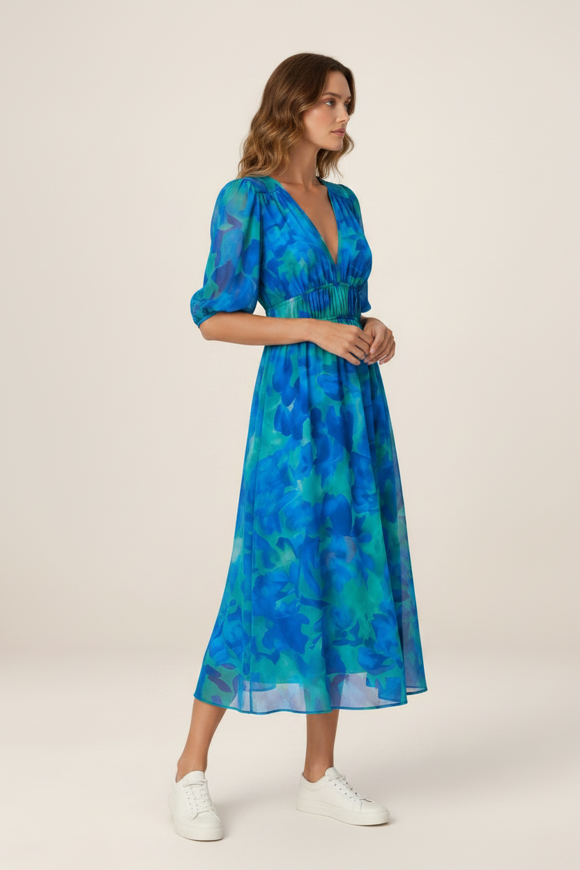 Floral V-Neck Midi Dress with Flattering Silhouette | Elegant Summer Style for Any Occasion