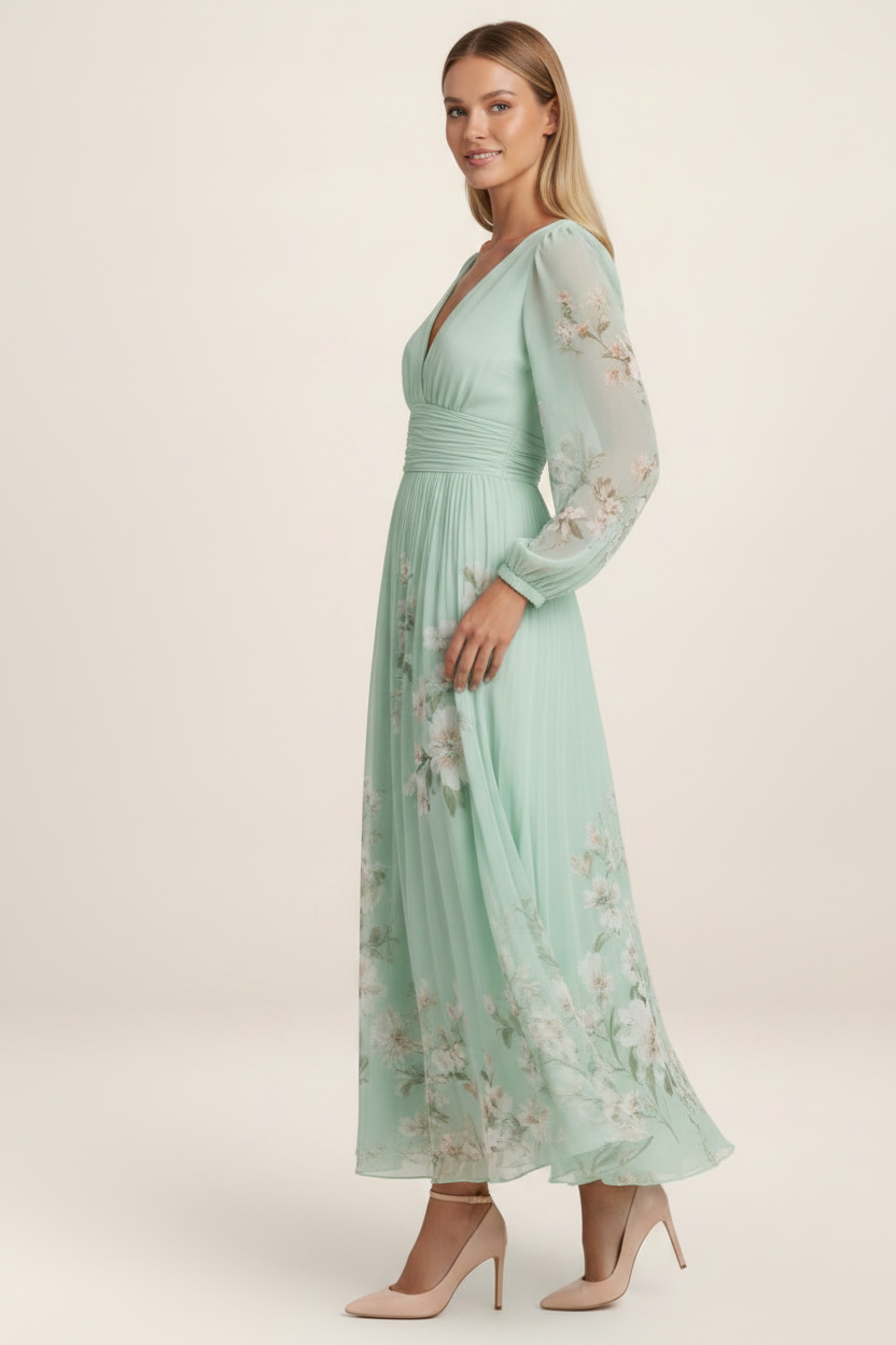 Elegant Floral Chiffon Midi Dress with V-Neckline | Flattering A-Line Fit for Effortless Style