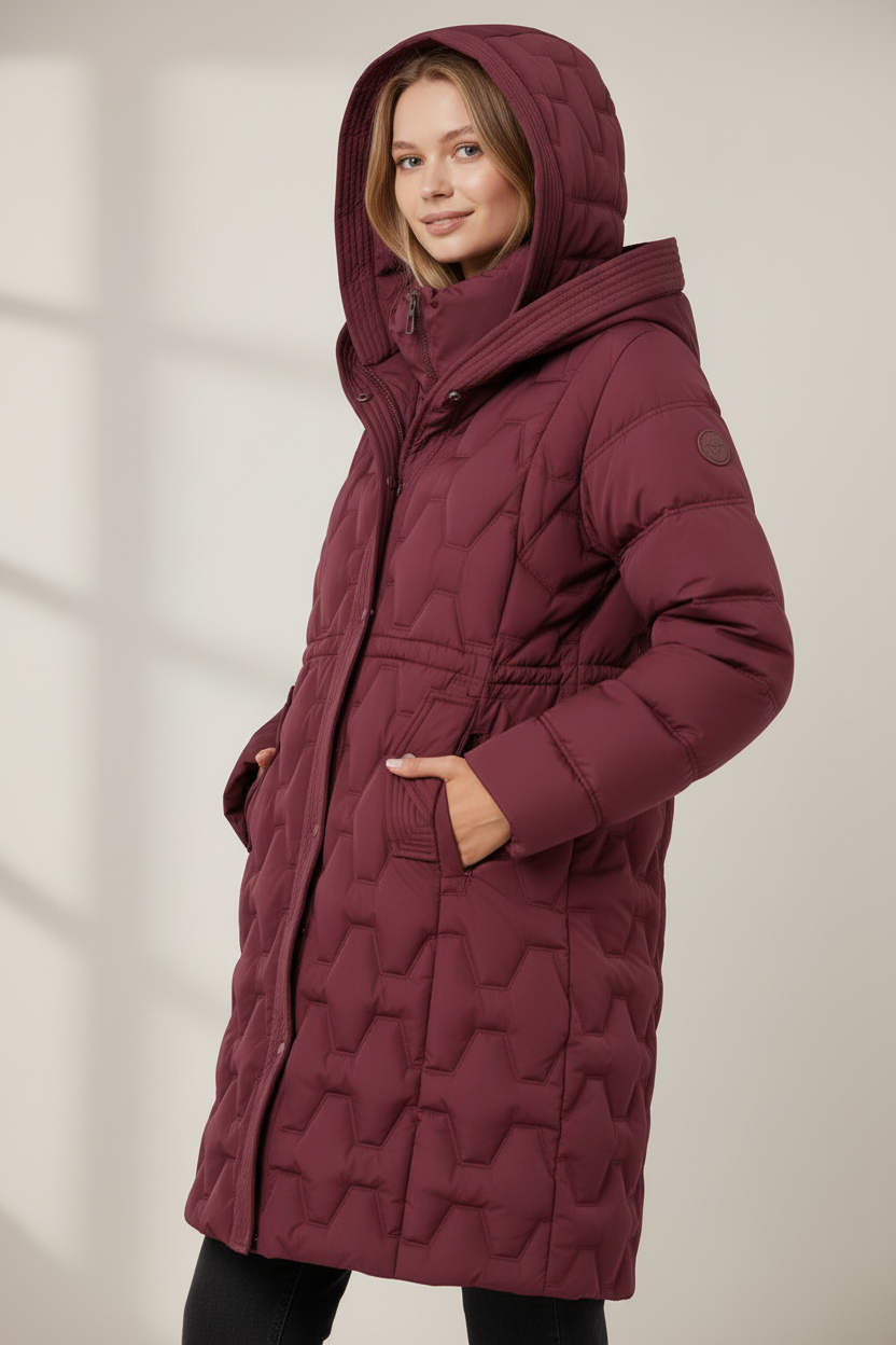 Elegant Winter Wear | Women's Long Puffer Coat with Geometric Quilting | Cozy Insulated Jacket for Cold Days