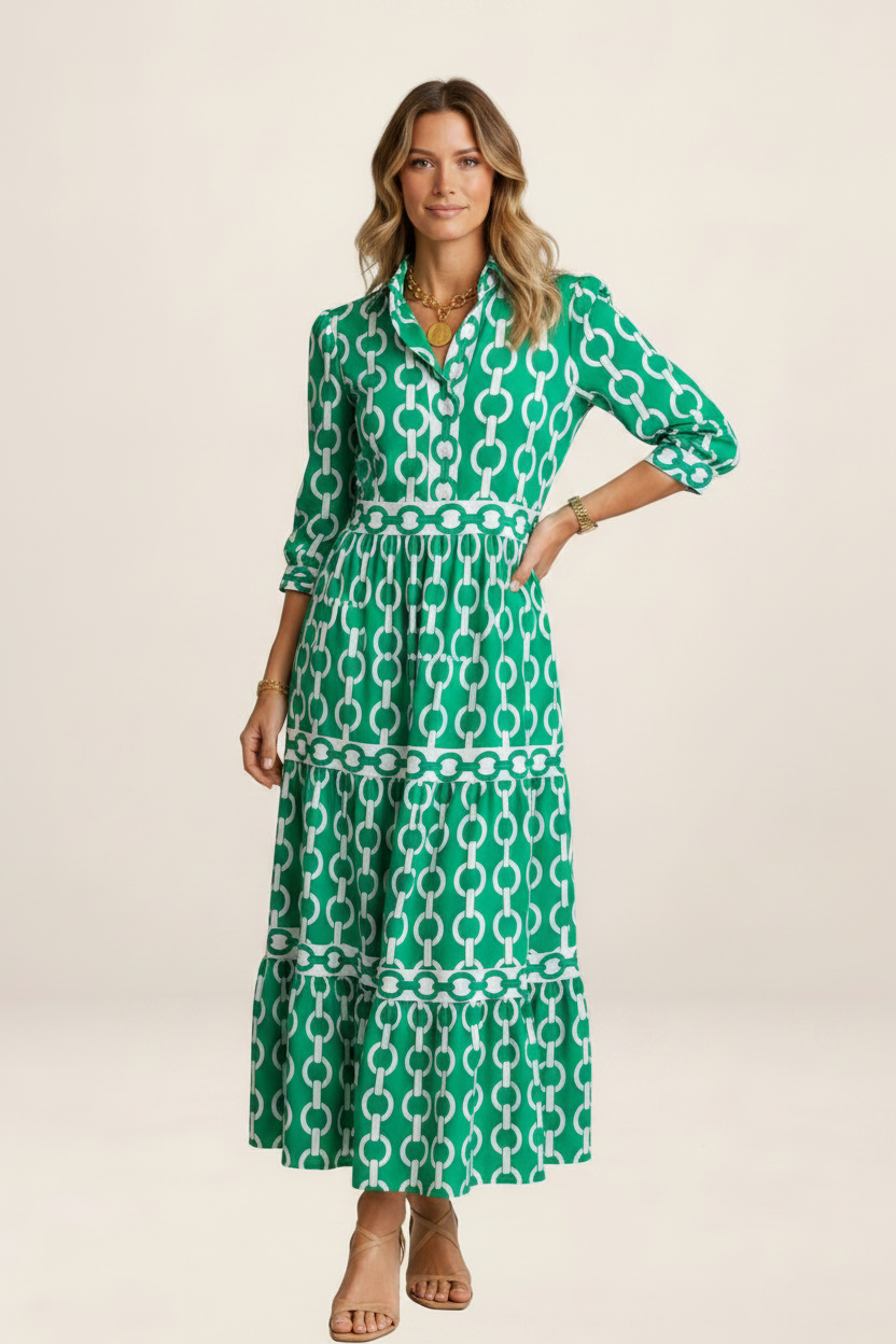 Midi Dress | Women's Chain Print with Flattering Relaxed Fit | Perfect for Everyday Style