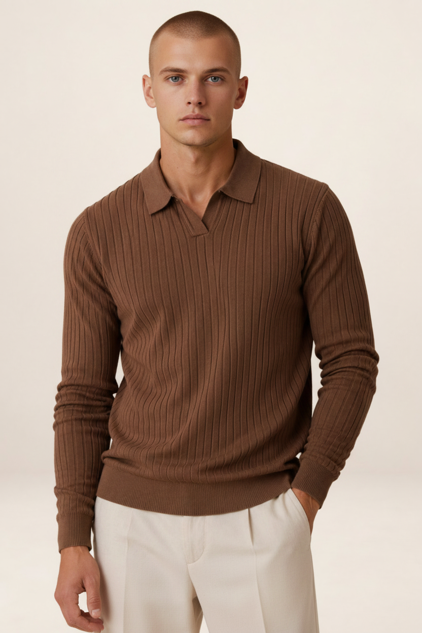 Men's Ribbed Knit Polo Sweater Smart Casual Pullover
