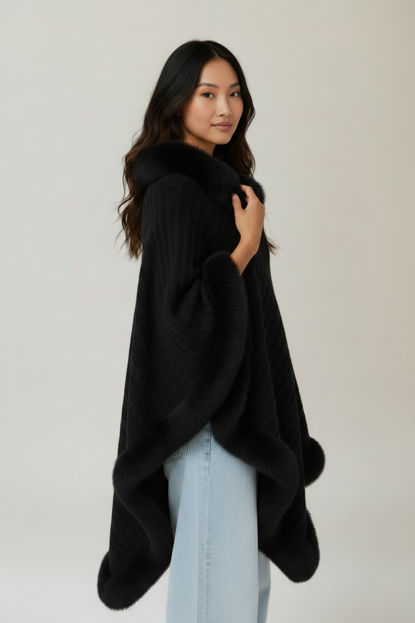 Women's Knitted Cape Coat with Faux Fur Trim