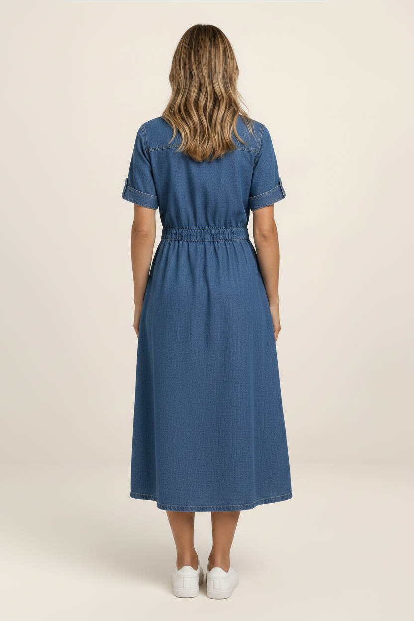 Classic Denim Midi Dress with Button Front & Flattering Waist Seam for Effortless Style