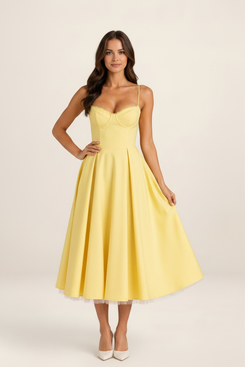 Elegant Midi Dress with Corset Bodice & Flowing Skirt for Special Occasions