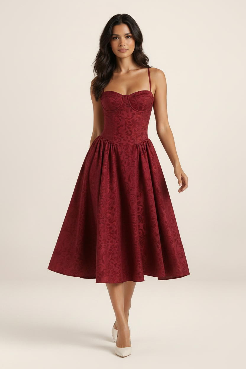 Elegant Floral Midi Dress with Sweetheart Neckline & Corset Fit for Timeless Style