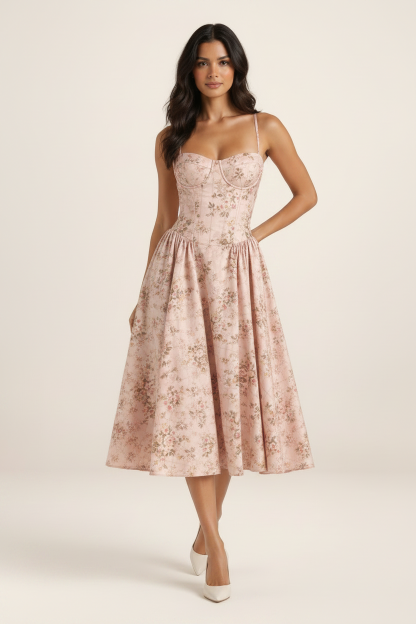Elegant Floral Midi Dress with Sweetheart Neckline & Corset Fit for Timeless Style