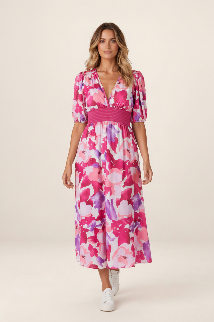 Floral V-Neck Midi Dress with Flattering Silhouette | Elegant Summer Style for Any Occasion