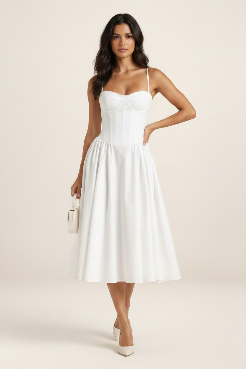 Elegant Floral Midi Dress with Sweetheart Neckline & Corset Fit for Timeless Style