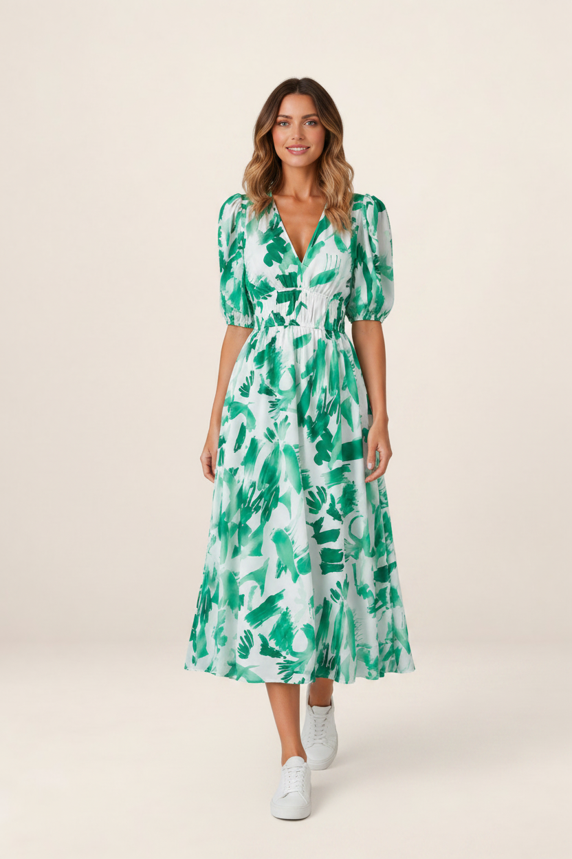 Floral V-Neck Midi Dress with Flattering Silhouette | Elegant Summer Style for Any Occasion