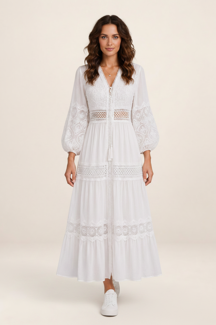 Elegant Lace Trim Maxi Dress with Flattering V-Neckline | Timeless Summer Style