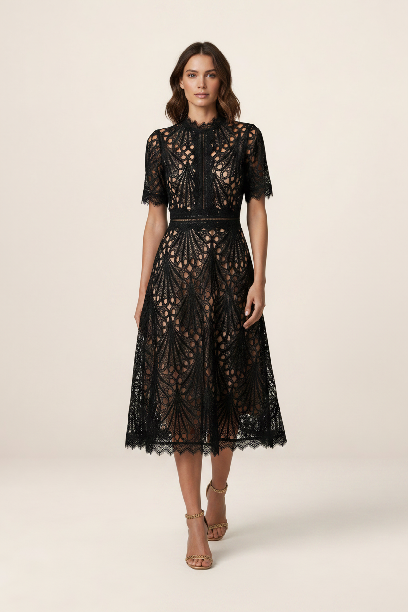 Elegant Lace Midi Dress with High Neck & A-Line Silhouette for Timeless Sophistication