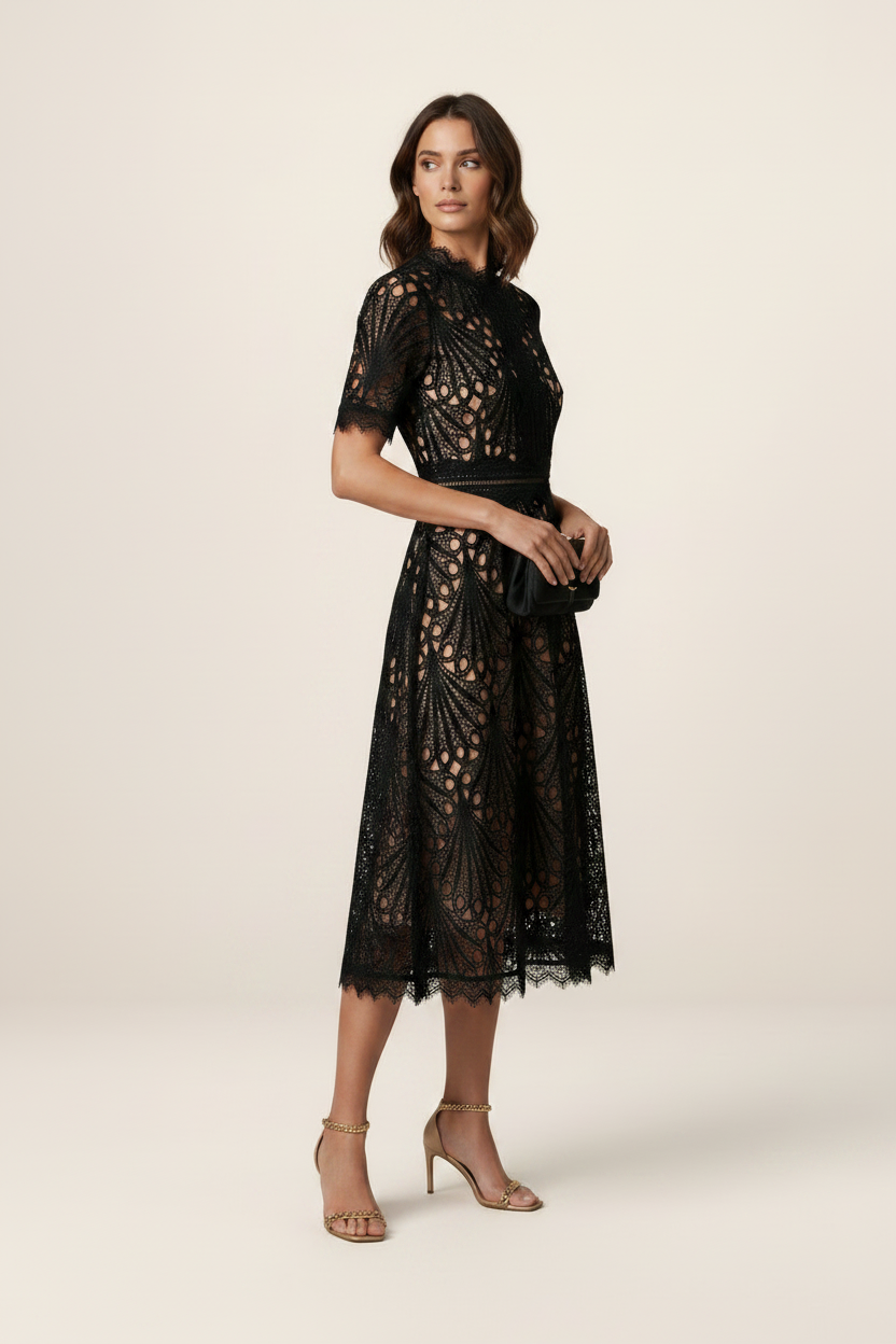 Elegant Lace Midi Dress with High Neck & A-Line Silhouette for Timeless Sophistication