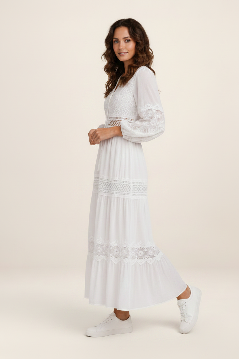 Elegant Lace Trim Maxi Dress with Flattering V-Neckline | Timeless Summer Style