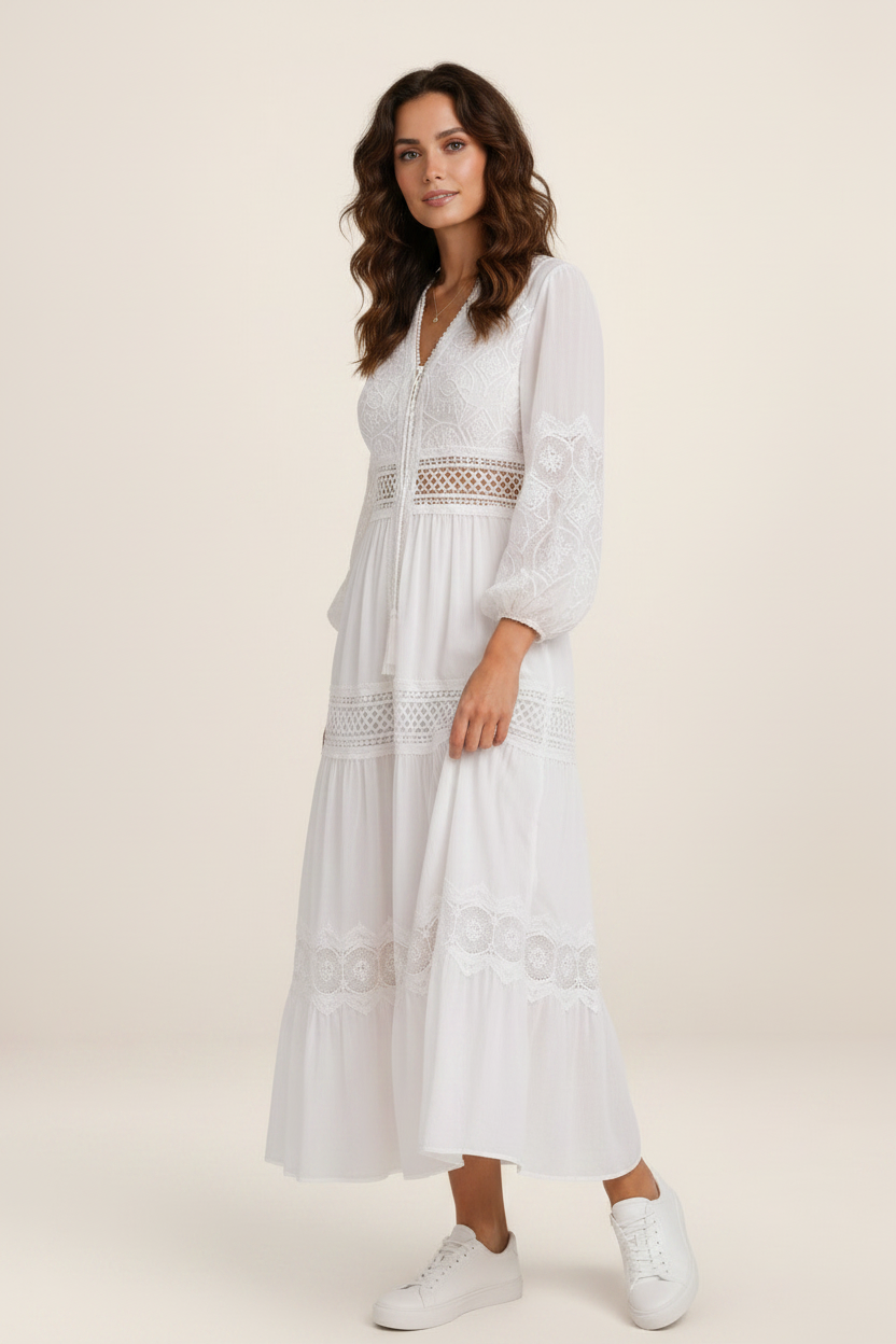 Elegant Lace Trim Maxi Dress with Flattering V-Neckline | Timeless Summer Style
