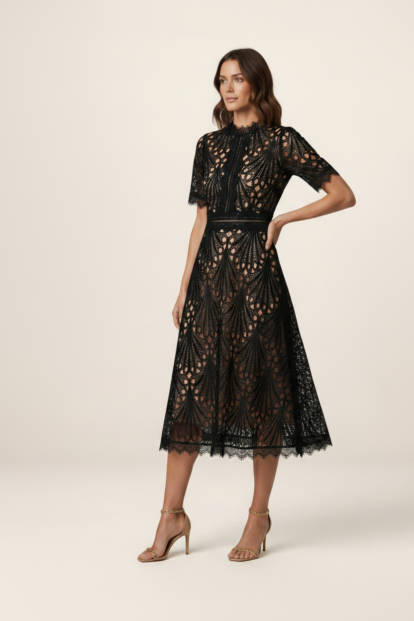 Elegant Lace Midi Dress with High Neck & A-Line Silhouette for Timeless Sophistication