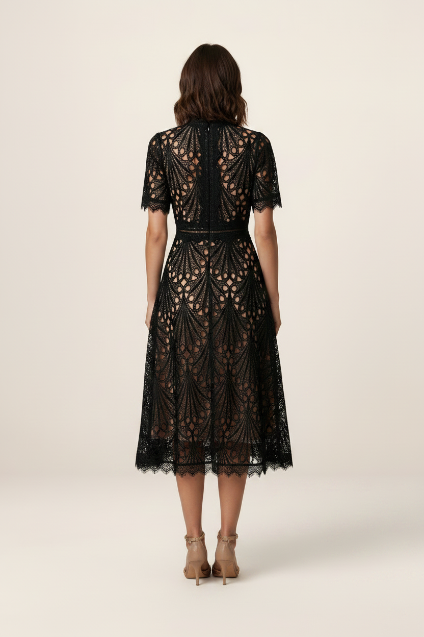 Elegant Lace Midi Dress with High Neck & A-Line Silhouette for Timeless Sophistication