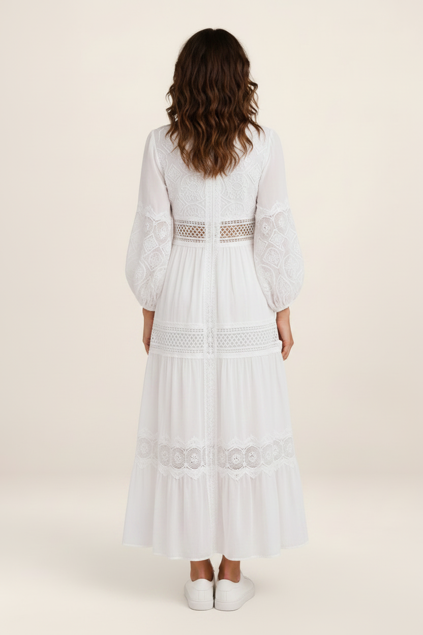 Elegant Lace Trim Maxi Dress with Flattering V-Neckline | Timeless Summer Style