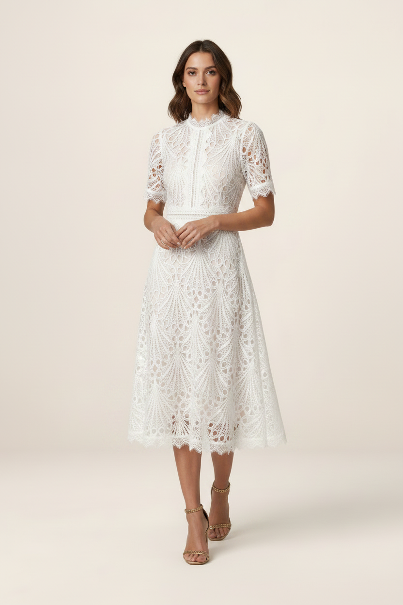 Elegant Lace Midi Dress with High Neck & A-Line Silhouette for Timeless Sophistication