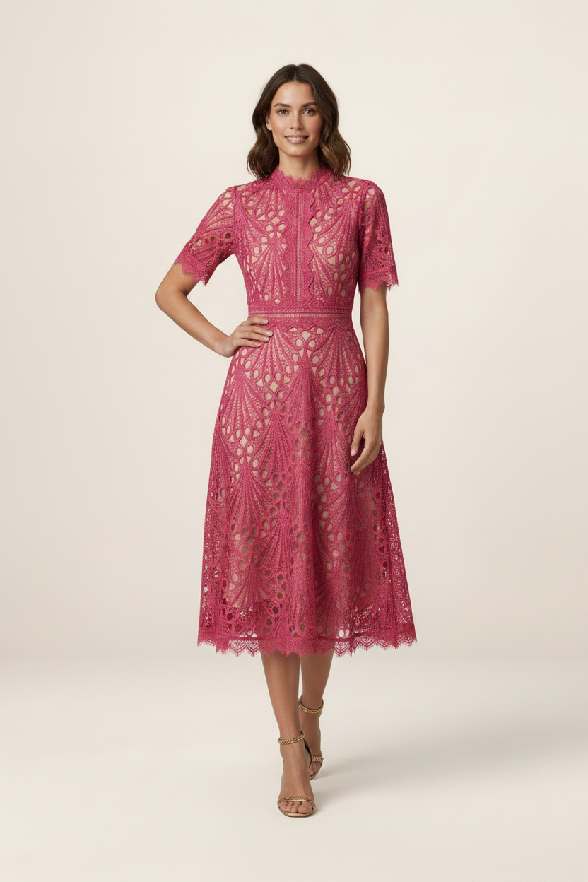 Elegant Lace Midi Dress with High Neck & A-Line Silhouette for Timeless Sophistication