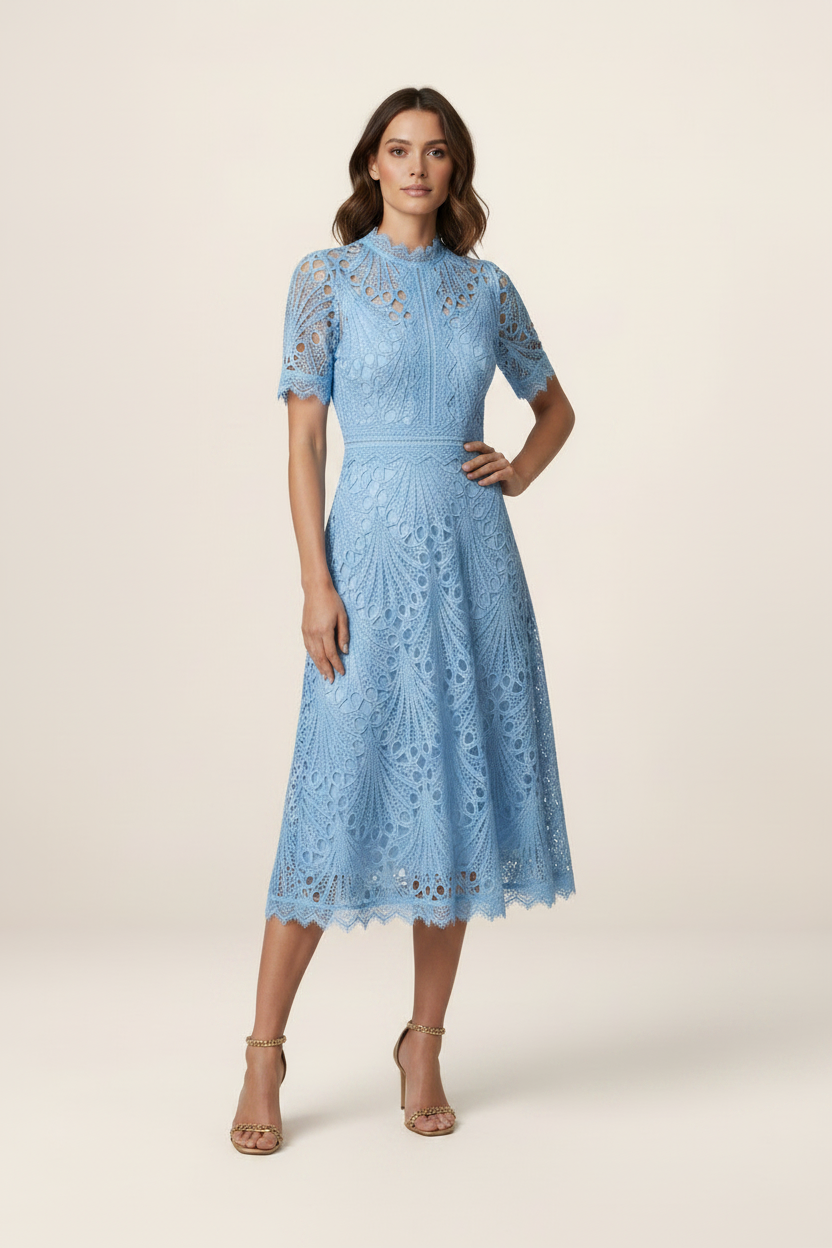 Elegant Lace Midi Dress with High Neck & A-Line Silhouette for Timeless Sophistication