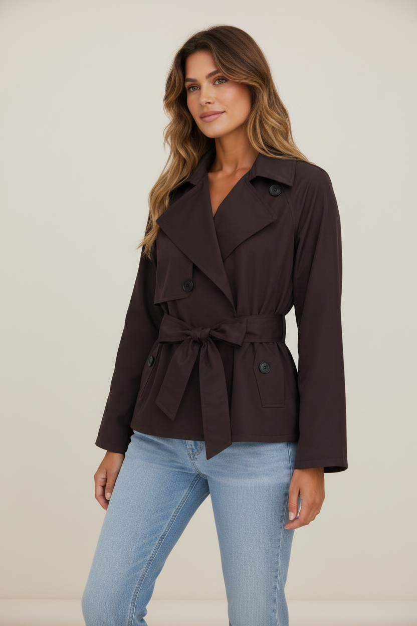 Elegant Women's Cropped Trench Jacket with Adjustable Tie Waist | Classic Tailoring for Versatile Style