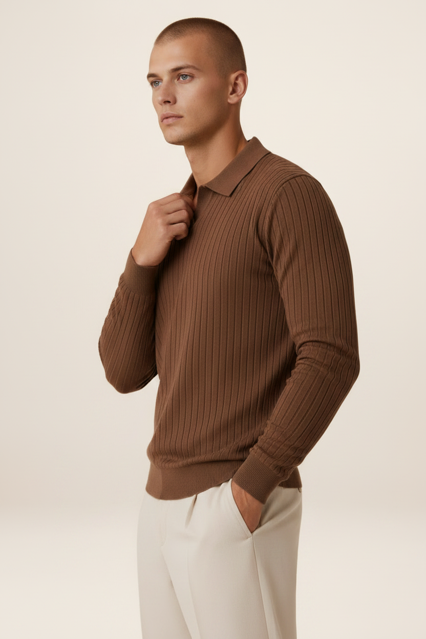 Men's Ribbed Knit Polo Sweater Smart Casual Pullover