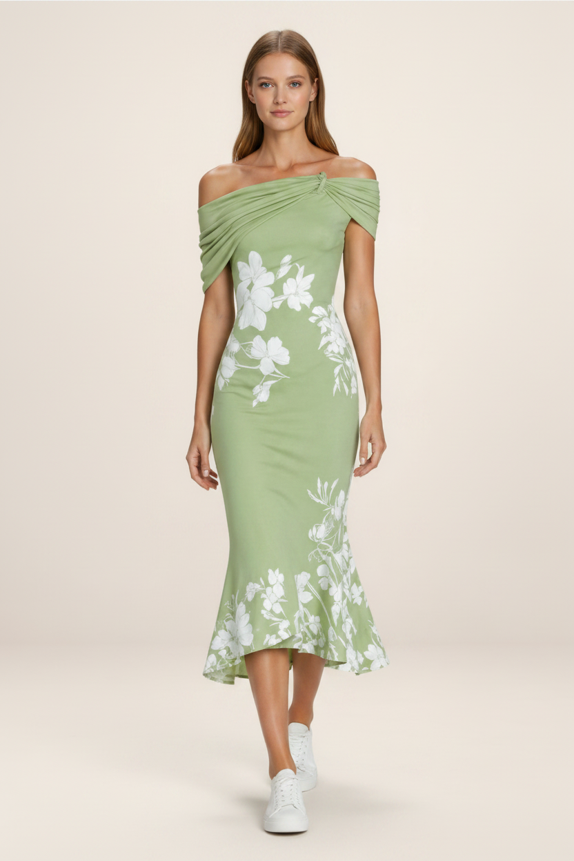 Floral Midi Dress | Women's Off-Shoulder Summer Dress with Lightweight Fabric | Elegant Style for Effortless Comfort